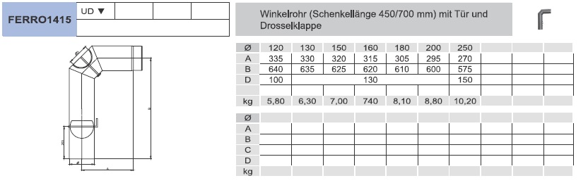 Ofenrohr - Winkelrohr (Schenkellänge 450/700 mm) mit Tür und Klappe schwarz - Tecnovis TEC-Stahl