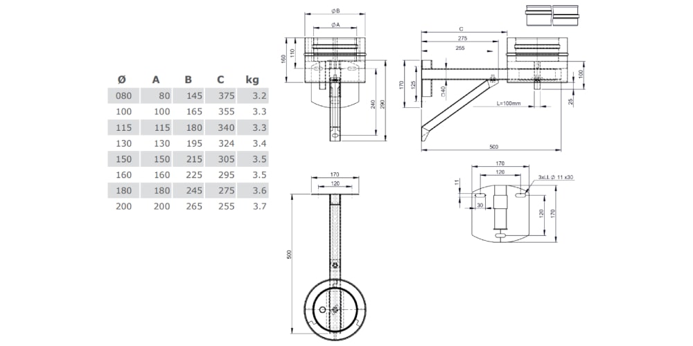 Grundplatte rund mit Kondensatablauf unten und Halterung verstellbar bis 200mm Wandabstand aus Kupfer - Tecnovis TEC-DW-Classic