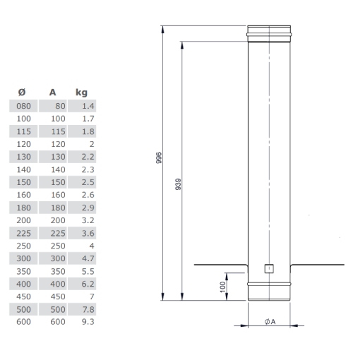 Längenelement 1000 mm mit Montageschelle - einwandig - Tecnovis TEC-EW-Classic