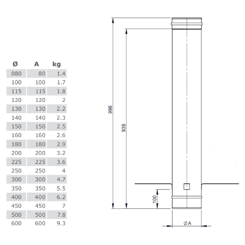 Längenelement 1000 mm mit Montageschelle - einwandig - Tecnovis TEC-EW-Classic